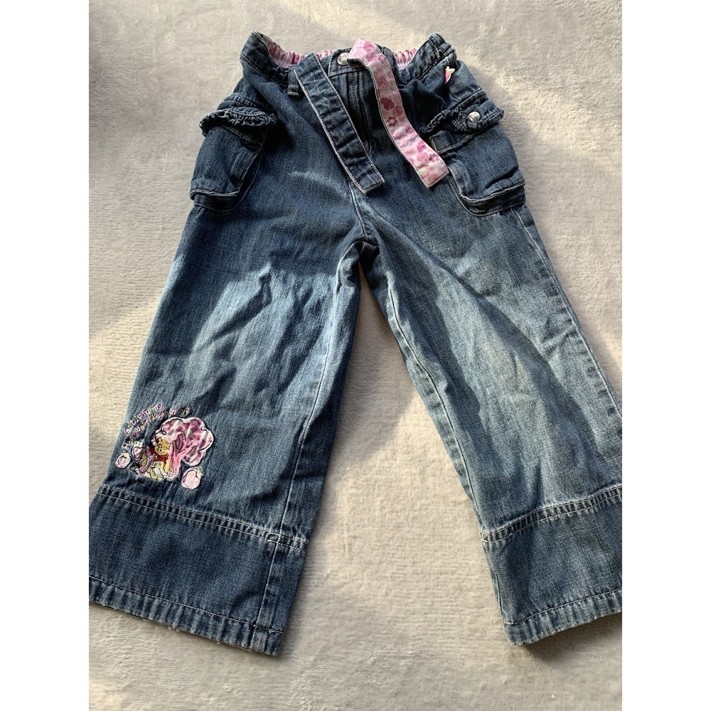 Disney Winnie The Pooh‎ Cargo Jeans Flower Cuffed Girls Size 4T Embroidered Y2K